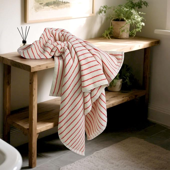 Striped Bath Towels Set of 2 (Coral Red), Lighter & Quick Dry Towels | Large 27.5 x 55 inches, Farmhouse for Bathroom Decor, Shower, Pool Days