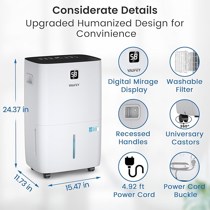 Yaufey 150 Pints Dehumidifier with Pump for Home, Basement and Large Room up to 8000 Sq. Ft., With Drain Hose, Timer, Intelligent Humidity Control and Large Water Tank