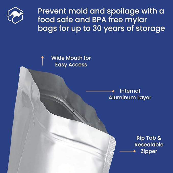 Wallaby 50 Count 1-Gallon Gusset Mylar Bags with Labels, 15 Mil Total Thickness Long-Term Food Storage Pouches, 14x10 Stand-Up Zipper Heat-Sealable Airtight Packaging - Silver