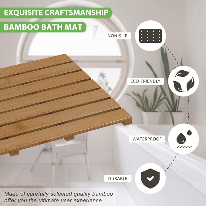 Bamboo Wooden Bath Floor Mat for Luxury Shower - Non-Slip Bathroom Waterproof Carpet for Indoor or Outdoor Use (Walnut,31.3 x 18.1 x 1.5 Inches)