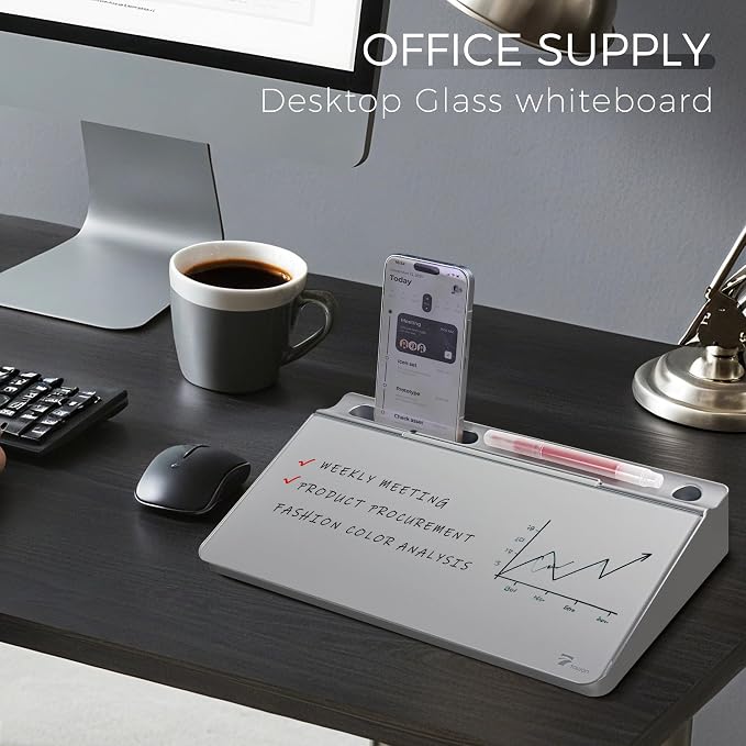 TOWON Small Compact Glass Desktop Whiteboard with Storage – 12 x 7 in Dry Erase Board for Desk, Home Office, School | Includes 5 Markers, Eraser & Holder | Space-Saving Organizer, Metallic Silver