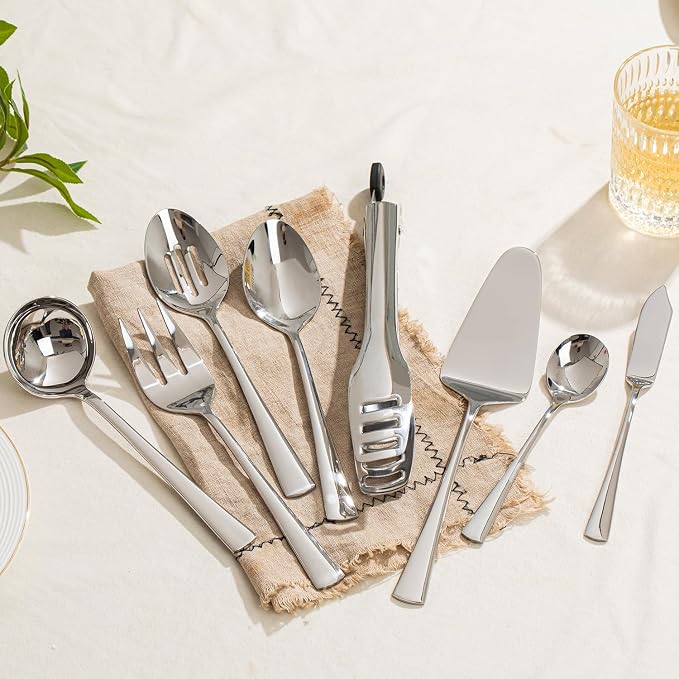 12 Piece 18/10 Serving Utensils Set, Stainless Steel Serving Set | Serving Utensils, Slotted Spoon, Fork, Tong, Soup Ladle, Cake Server, Butter Knife and Sugar Spoon for Buffet,Parties,Kitchen