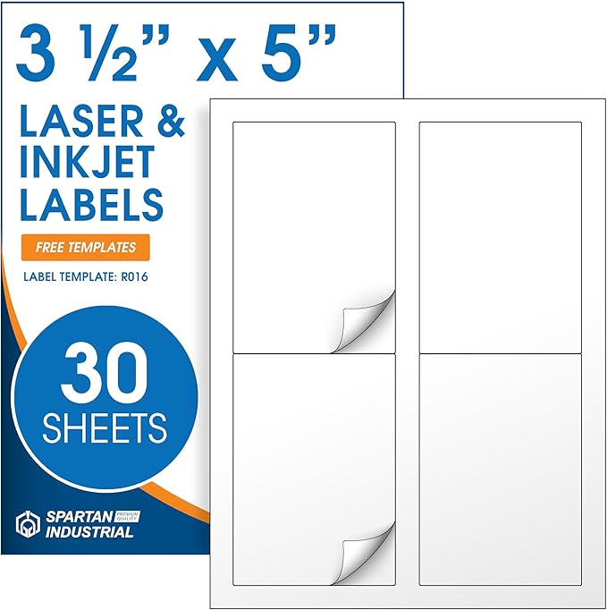 3.5" X 5" Matte White Printable Shipping Labels (30 Sheets, 120 Stickers) Mailing and Address Labels, Product Packaging Stickers for Laser & Inkjet Printers - Spartan Industrial Template R016