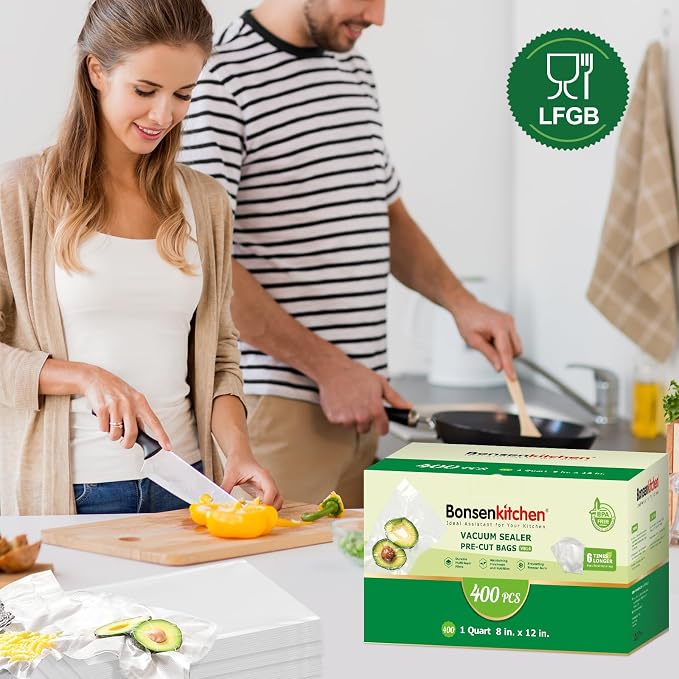 Bonsenkitchen Vacuum Sealer Bags, 8" x 12", 400 Quart Precut, VB14 | 400 Quart 8" x 12" Precut Food Sealer Bags, Customized Size Vacuum Bags for Vac Storage, Meal Prep or Sous Vide Cooking