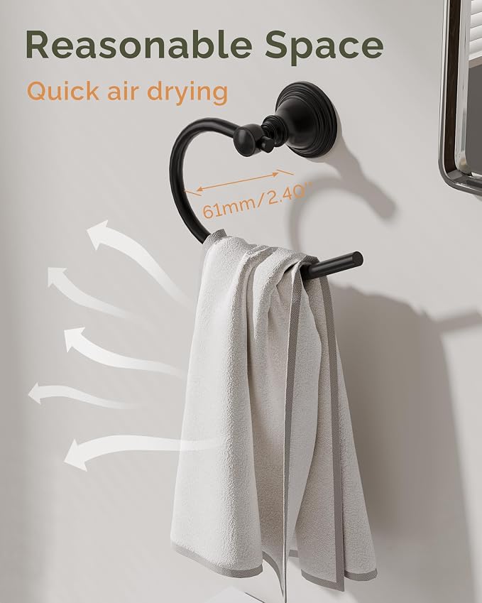 Towel Ring 2 Pack, Stainless Steel Hand Towel Holder for Bathroom Wall Mount, Heavy Duty Towel Hanger for Kitchen, Bath, RV (Matte Black)