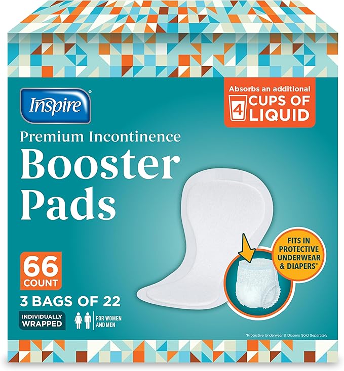 Inspire Ultra Absorbency Incontinence Booster Pads | Absorbs Over 4 Cups! | for Women or Men, Adhesive Strip Use in Incontinence Underwear and Diapers Leak-Free (66 Count)