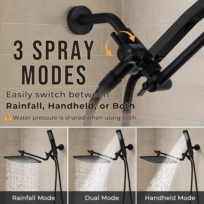 G-Promise All Metal 16 Inch Dual Square Shower Head with Handheld Spray Combo, Rain Shower Head, Adjustable Extension Arm, 3-Way Diverter, 71 Inch Extra Long Hose - A Bathroom Upgrade (Matte Black)
