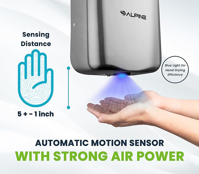 Alpine Industries Hemlock Automatic High Speed Hand Dryer - Heavy Duty Stainless Steel - Commercial High Speed Hot Air Hand Blower | 1800Watts | 110-120Volts | Quick & Easy Installation (Chrome)