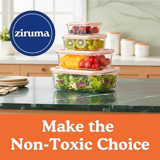 Non-Toxic Glass Food Containers with Lids, 4-Pack, Multi-Size, Beige | Plastic & BPA free. Glass body, glass lid & platinum silicone seal. Airtight & leakproof. Freezer & microwave safe.