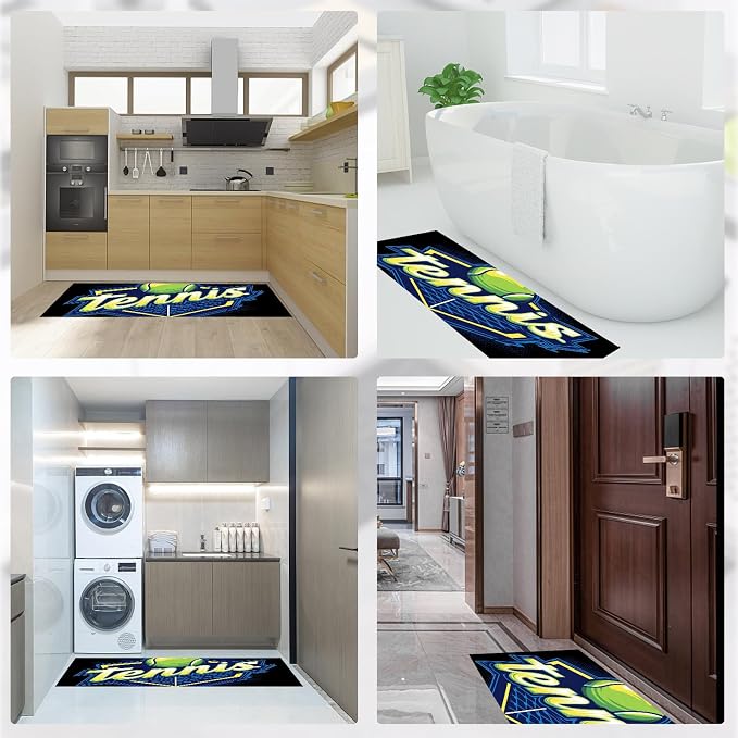 Tennis Net Tennis Ball Kitchen Rugs Non Slip Blue Kitchen Mats Machine Washable Rugs 2 Pieces Minimalist Sports Design Runner Carpet, 20"x32"+20"x71"
