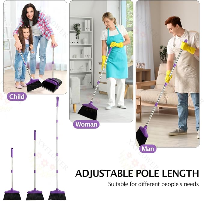 Broom and Dustpan Set with Long Handle, Light Weight Stainless Steel Poles Stand Upright Dustpans with Broom Combo for Home Kitchen Office Pet Dog Hair, 1-Pack (Purple)
