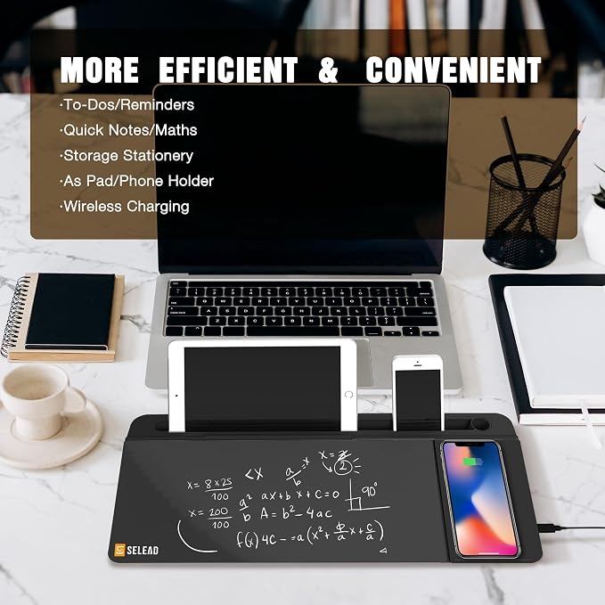 SELEAD Desktop Glass Whiteboard with Wireless Charger Station, Dry Erase Board Computer Pad Keyboard Stand with Organizer Drawer for Home, School, Office Desk Accessories, Black