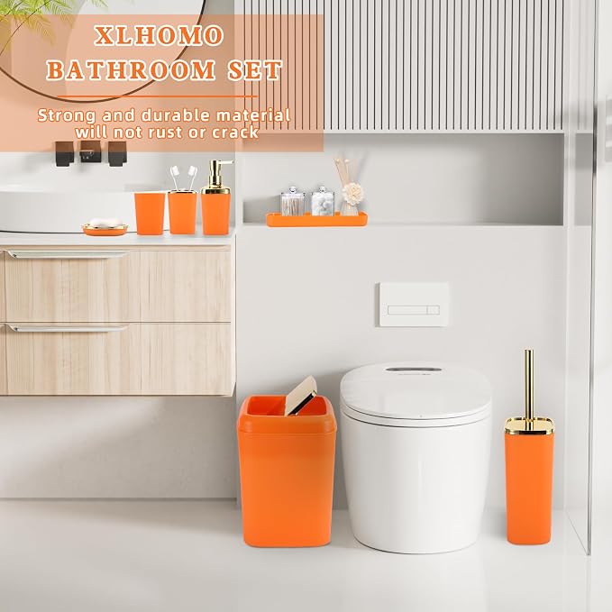 XLHOMO Bathroom Set, 9PC Bathroom Accessory Set, Orange Bathroom Accessories, Orange Bathroom Set, Trash Can, Soap Dispenser for Home Decor