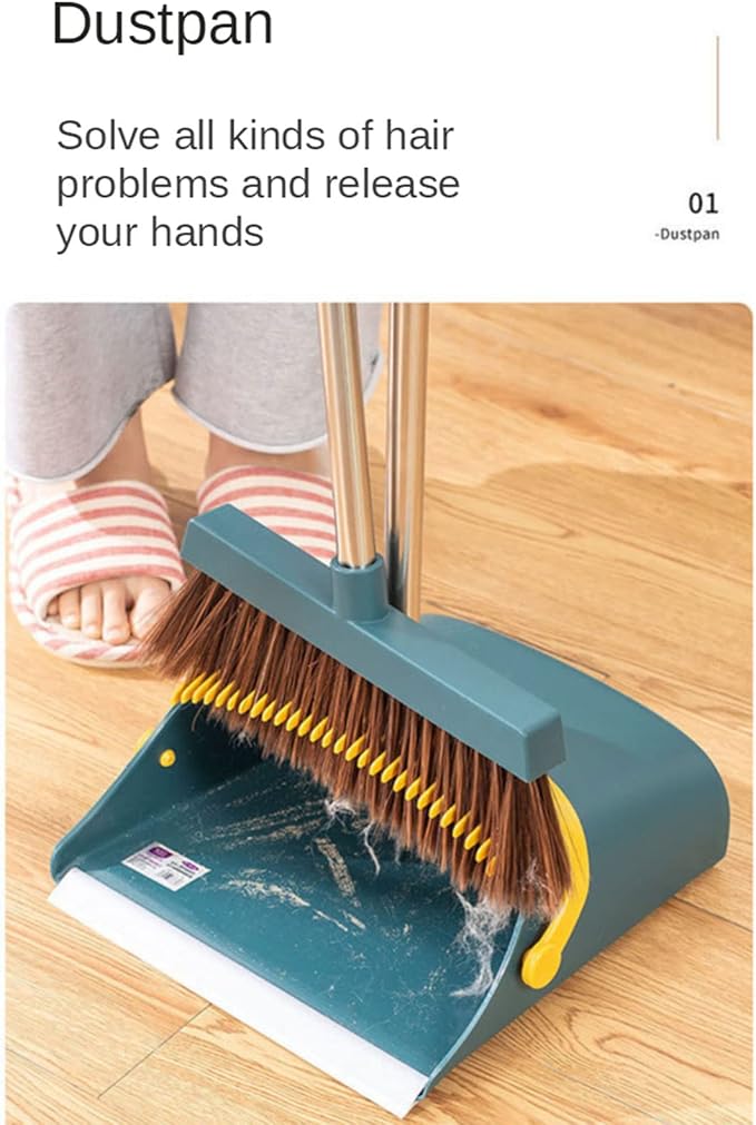 Broom and Dustpan Set - Upright Standing Dust Pan and Broom Combo for Easy Sweeping - Easy Assembly Great Use for Home Kitchen Room Office Lobby,Blue