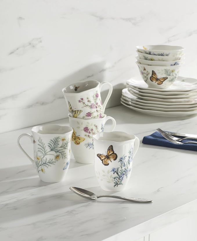 Lenox Butterfly Meadow Herbs Porcelain Mug Set for 4, 12oz | Dishwasher safe, microwave safe | floral design | coffee mug gift for coffee lovers | 4.25 inch, 12oz