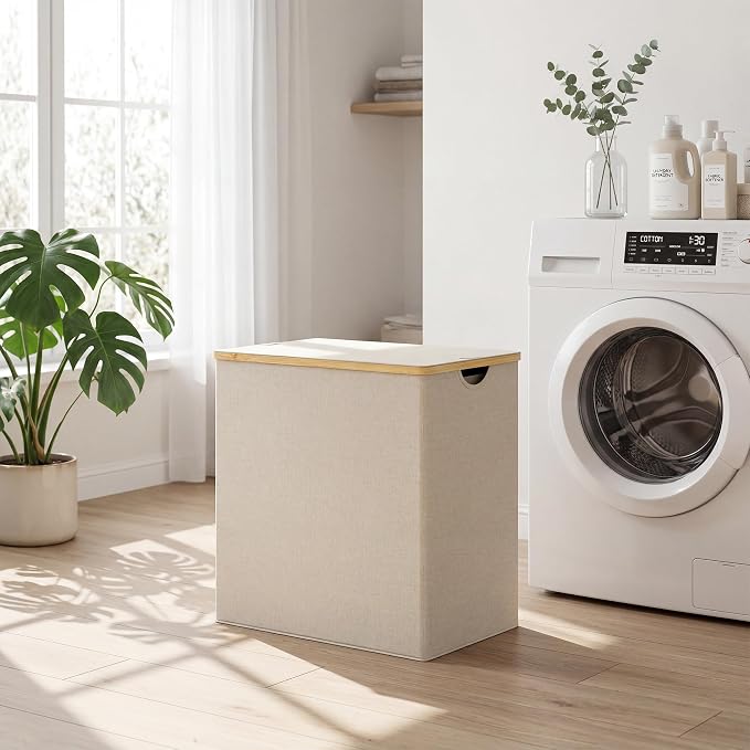efluky Laundry Hamper with Lid, Double Laundry Basket with 2 Removable Bags, 2 Section Laundry Bin with Bamboo Handles for Bathroom, Bedroom & Laundry Room, 140L (36.9 Gallon) Beige