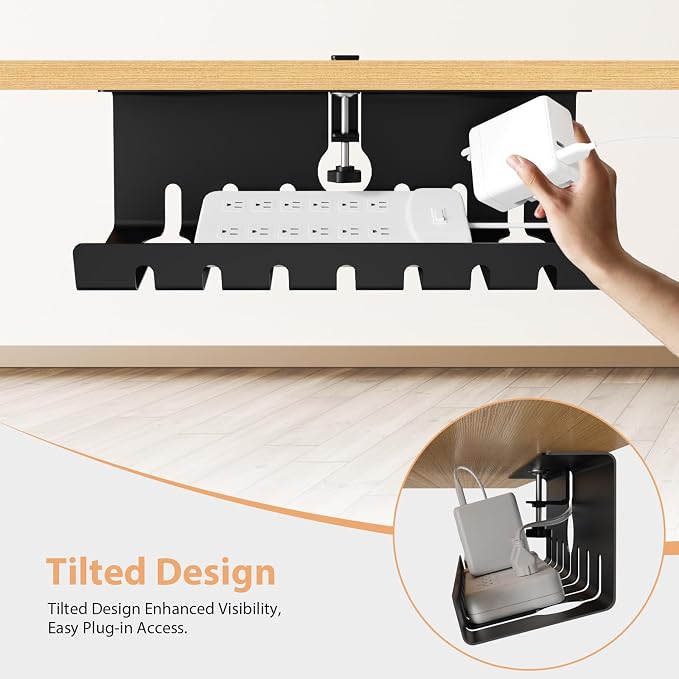Syeeiex 17" Under Desk Cable Management Tray, No-Drill C-Clamp & Screw Mount, Heavy Duty Metal Cord Organizer with Cable Ties, for Office Home Workspace, Black