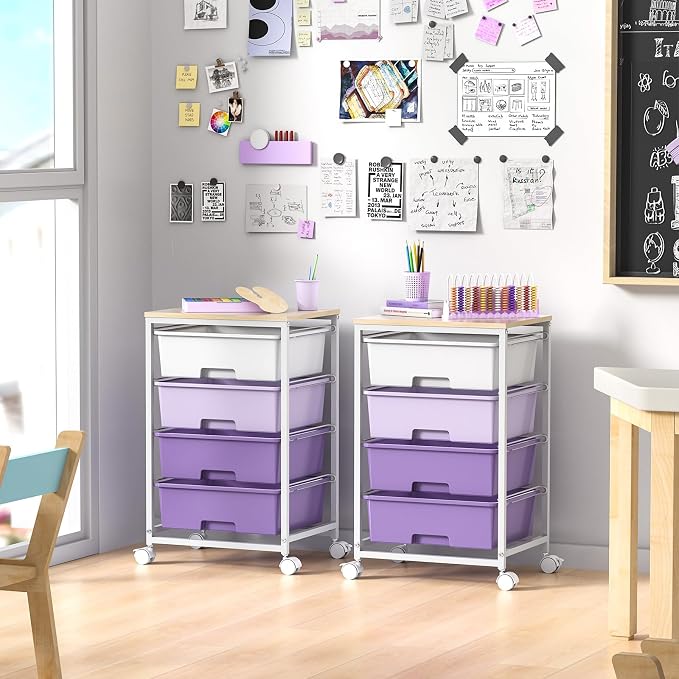 Utility Cart with 4 Drawers,Rolling Storage Cart with Drawers,Storage Rolling Drawer Cart with Wooden Tabletop for Bedroom,Kid's Room,Dorm,Classroom,Office, Purple