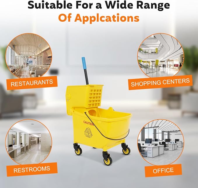 35 Qt Commercial Mop Bucket with Side Press Wringer on Wheels, Mop and Bucket Set, Add One Industrial Mop and One Mop Head Replacement