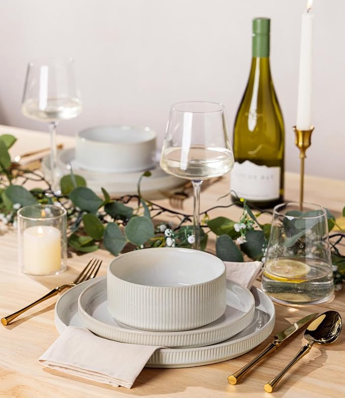TheTerra Ceramic Dinnerware Sets for 4, 12 Pieces Porcelain Lightweight Plates and Bowls Sets, Scratch Resistant Dish Set, Oven & Microwave & Dishwasher Safe,Reactive White