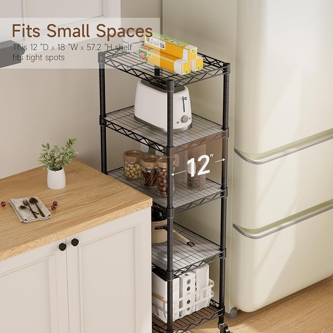 Golpart Small 5 Tier Shelves Storage Wire Shelving Unit Metal Shelf Adjustable Organizers Storage Shelving with Wheels for Bathroom Laundry Room Kitchen Pantry11.7”D x 17.7”W x 57.2”H Black