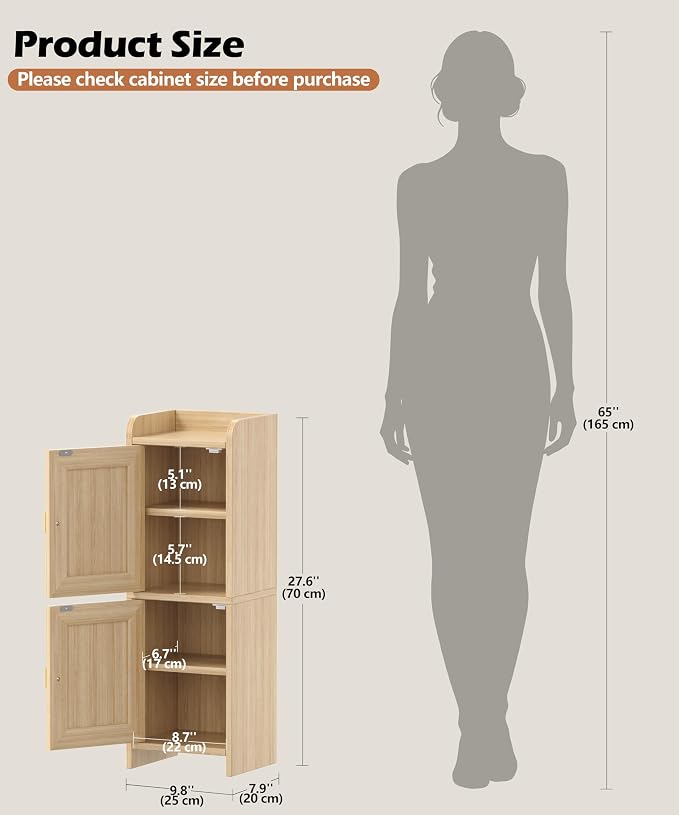 Akxomel Rattan Small Bathroom Cabinet Narrow Toilet Paper Organizer Oak | 7.9''D x 9.8''W Bathroom Organizer and Storage Cabinet for Small Space, Slim Corner Unit with Adjustable Shelf