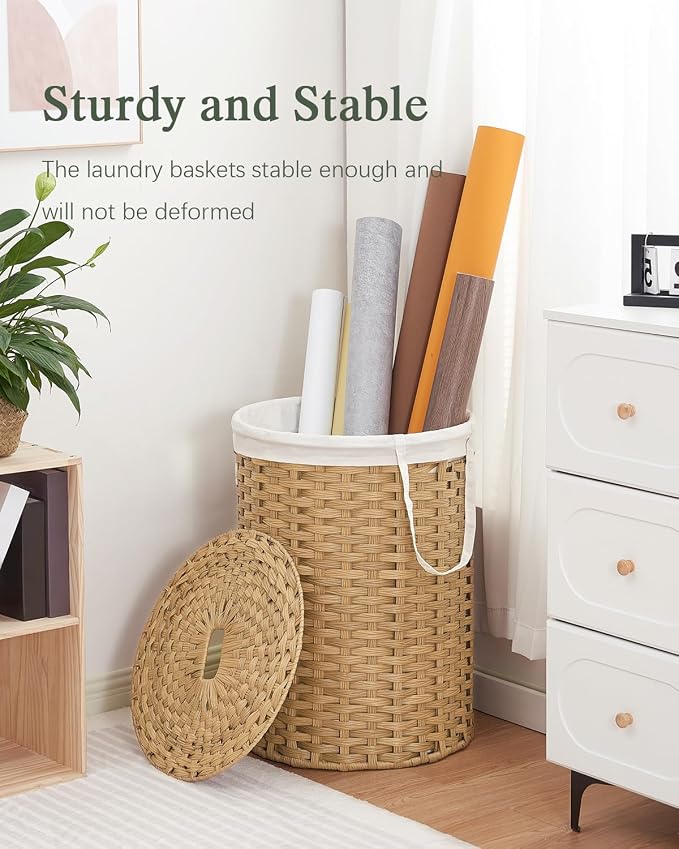SETVSON Laundry Basket with Lid Round 29.1 Gal PE Rattan, Natural | Family Clothes & Blanket Trunk with Lid, Removable Liner Bag with Handles, 2 Mesh Wash Bags, Collapsible Steel Frame
