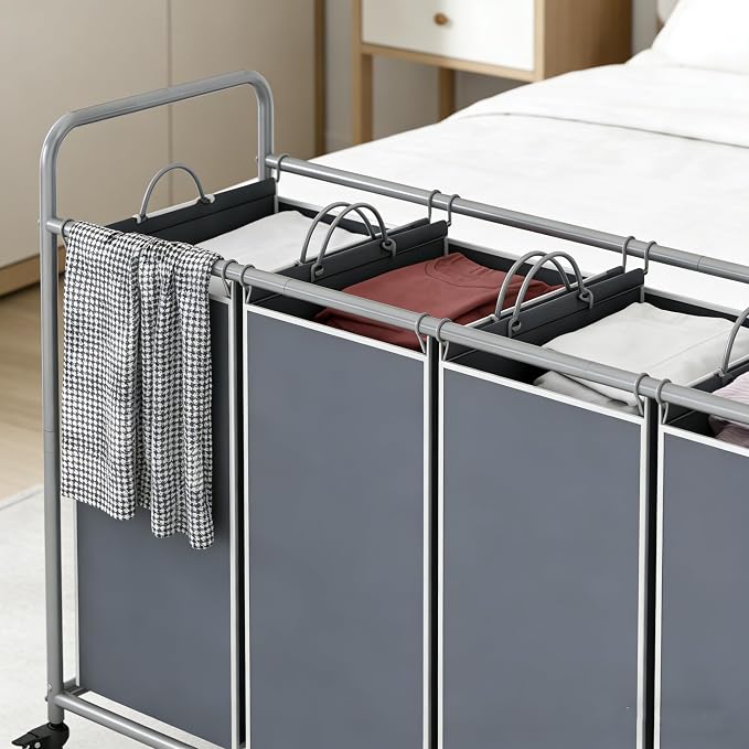 LINZINAR 4 Section Laundry Hamper, Grey Laundry Basket, 180L Laundry Sorter | Laundry Room Organization with Heavy Duty Rolling Lockable Wheels and Removable Bag, Bedroom Laundry Cart for Clothes Storage