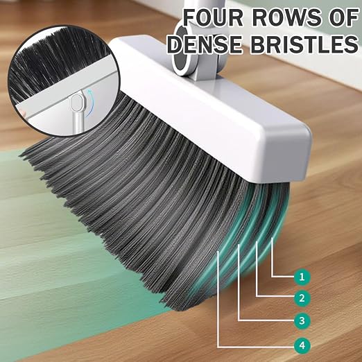 Broom and Dust Pan, Broom and Dustpan Set with Push Brooms, Self-Cleaning Comb & Space-Saving Design for Indoor Outdoor Cleaning (Grey)