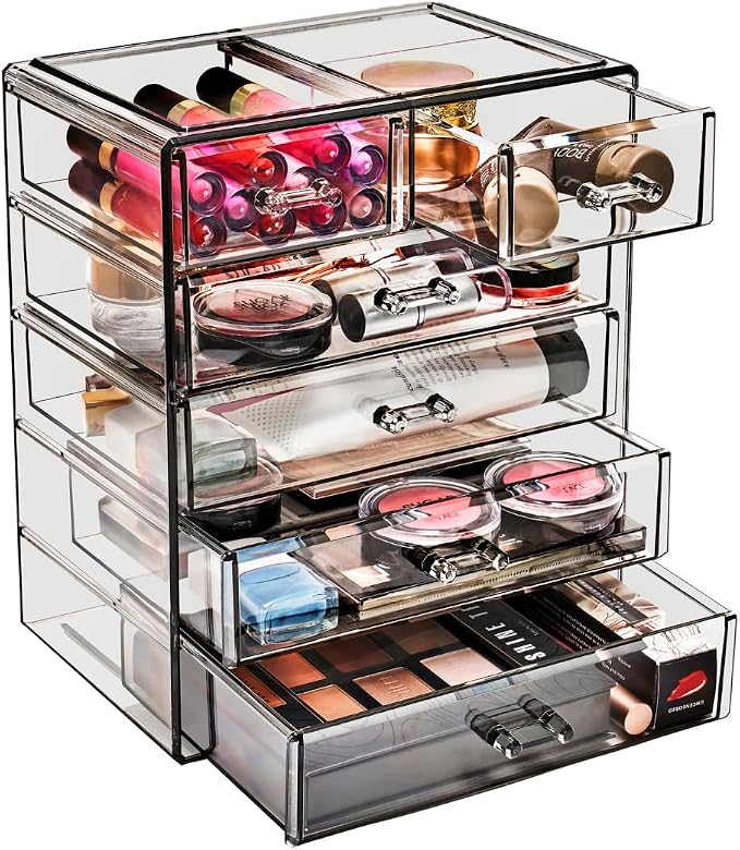 Sorbus Acrylic Makeup Organizer Set, 6-Drawer Vanity & Countertop Cosmetic Storage with Small & Wide Drawers, Black Jewel Makeup Storage for Brushes, Lipsticks, Jewelry, Holiday Gift for Women & Teens