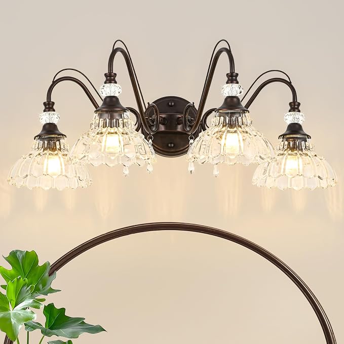 Vintage Bathroom Vanity Light, 4-Light Oil Rubbed Bronze Finish Wall Sconce with Hanging Crystal Accents and Flower-Shaped Clear Glass Shades, Retro Wall Mount Vanity Light Over Mirror for Bathroom