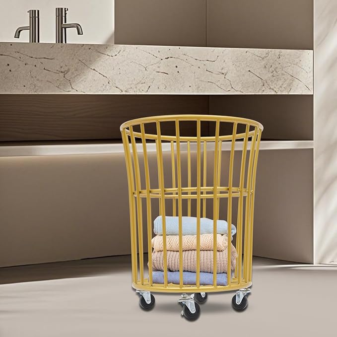 Rolling Laundry Basket with Wheels, Round Barrel Metal Mesh Laundry Hamper Dirty Clothes Basket, Versatile Portable Large Opening Storage Basket for Home, 14.2"×15.7" (Gold-Round Barrel)