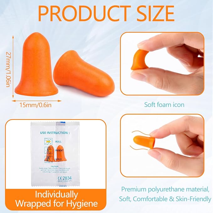 Relaxweex 500 Pairs Ear Plugs for Sleeping 33 db NRR Noise Canceling Ear Plugs Bulk Pre-Shaped Foam Disposable Earplugs for Shooting Range Travel Concert Construction Work, Individually Packaged