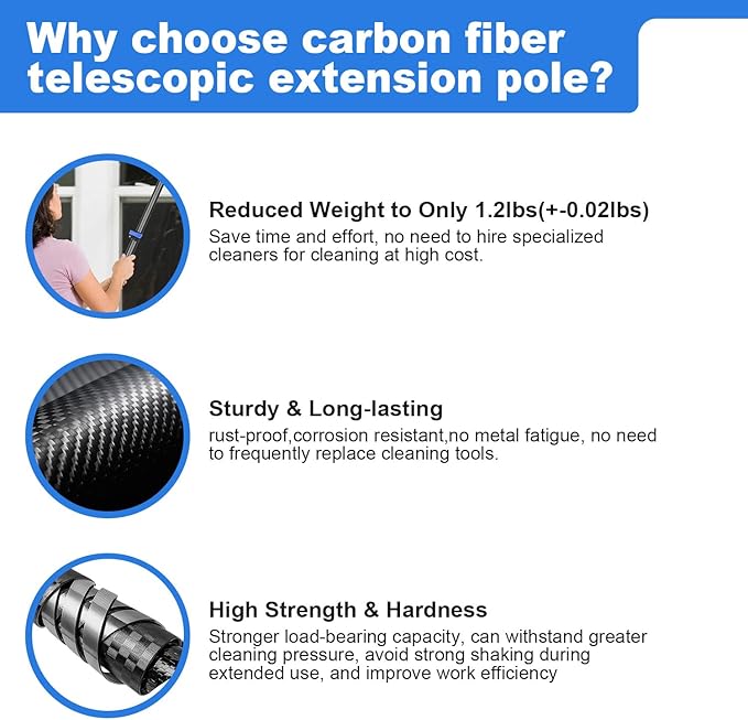 DOBEN 12-Foot Carbon Fiber Window Cleaner Tool with Telescopic Extension Pole, Rotating Scrubber & Squeegee - Sturdy Lightweight Design for Indoor/Outdoor Glass Cleaning