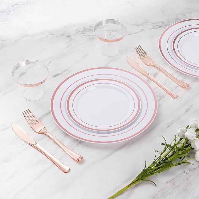 Goodluck 300 Pieces Rose Gold Disposable Plates for 50 Guests, Plastic Plates for Party, Wedding, Dinnerware Set of 50 Dinner Plate, 50 Salad Plates, 50 Spoons, 50 Forks, 50 Knives, 50 Cups
