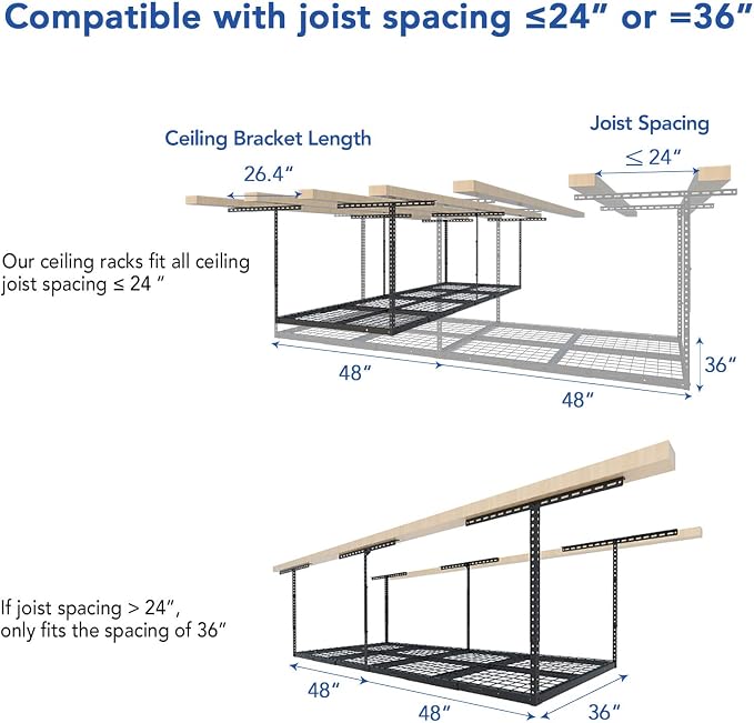 FLEXIMOUNTS 3x8 Overhead Garage Ceiling Storage Rack, 2 Pack, Hammertone | 750lbs Weight Capacity, 22"-40" Adjustable Organization System, Heavy-Duty Metal Ceiling Racks, Classic Series