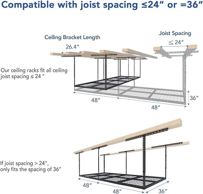 FLEXIMOUNTS 3x8 Overhead Garage Ceiling Storage Rack Organization, Black | 750lbs Weight Capacity, 22"-40" Adjustable Organization System, Heavy-Duty Metal Ceiling Racks, Classic Series