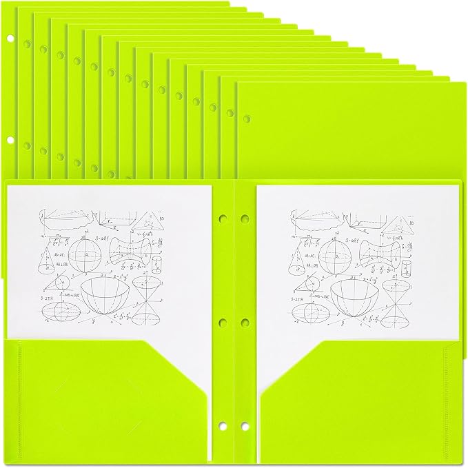 Yeaqee 50 Pcs Plastic Folders with Pockets Bulk 3 Hole Punched 2 Pocket File Folders for 3 Ring Binder Divider Folder for Notebooks, Durable Poly for Office Home (Fluorescent Green)
