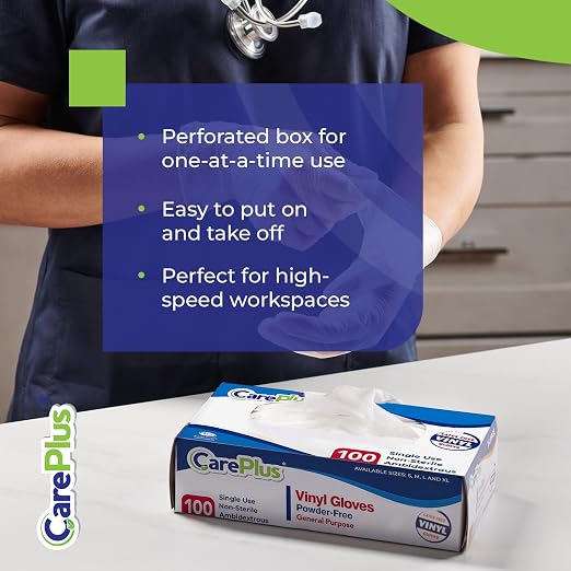 CARE PLUS Vinyl Gloves Clear Small Size 200 Count | Heavy Duty, Non-Sterile, Powder-Free, Latex-Free Rubber | Food Prep, Kitchen & Cleaning Gloves, Ideal for Professional Use