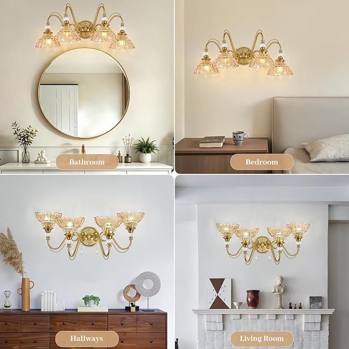 Vintage Bathroom Vanity Light, 4-Light Brushed Gold Finish Wall Sconce with Hanging Crystal Accents and Flower-Shaped Amber Glass Shades, Retro Wall Mount Vanity Light Over Mirror for Bathroom