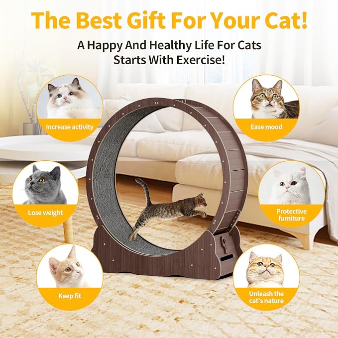 Homegroove Cat Running Wheel, 45" Large XL Cat Exercise Wheel Treadmill with Carpeted Runway for Kitty’s Longer Life (Brown)