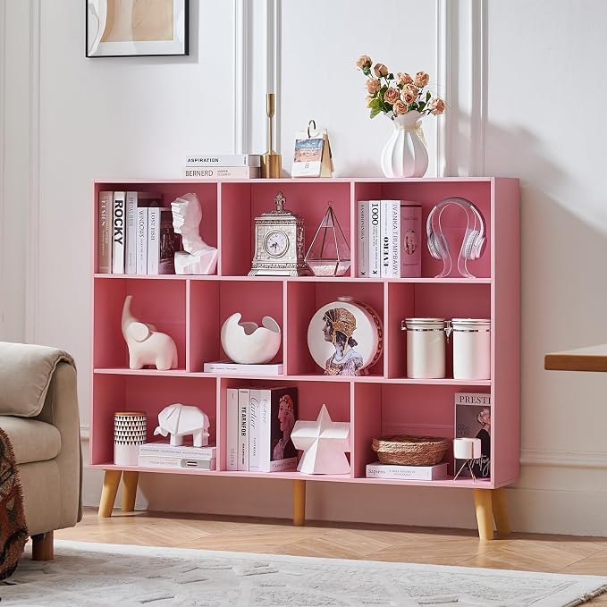 LEYAOYAO 10 Cube Bookshelf,Mid-Century Modern Bookcase with Legs,Light Pink | 3 Tier Book Shelf, 55" Wide Rustic Wood Bookshelves Large Storage Organizer, Open Shelves for Bedroom, Living Room, Office