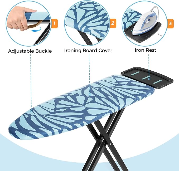 APEXCHASER Ironing Board Full Size, Iron Board and Ironing Board Set Height Adjustable, Foldable Ironing Boards Standard Size, Iron Table Stand with Anti-Skid Legs and Iron Rest, 13" x 43" Blue