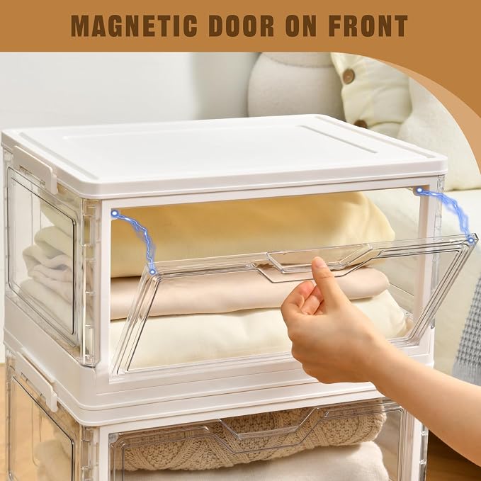 Freebat Collapsible Plastic Storage Bins with Wheels, Clear Stackable Storage Bins with Lid, Stackable Storage Bins with Open Door, Folding Storage Bins Organizer for Closet, Bedroom, Living Room