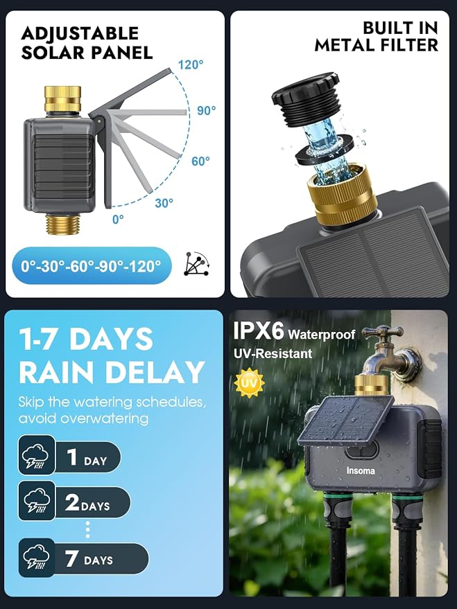 Insoma Solar WiFi Water Timer 2 Zone, Solar&Type-C Rechargeable Smart Sprinkler Timer w/Adjustable 120° Solar Panel, APP&Voice Control Automatic Irrigation for Garden Hose Lawn, No Gateway Required