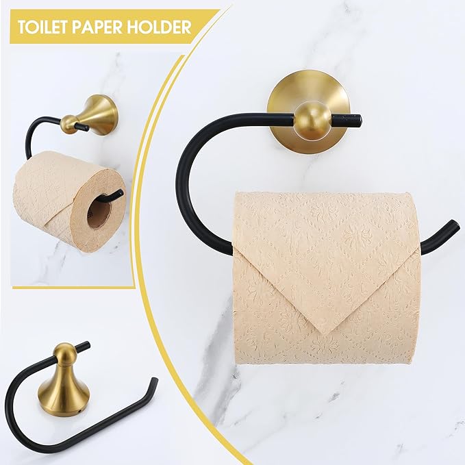 Brushed Gold and Black Bathroom Hardware Set, 4-Piece Black and Gold Bathroom Accessories Kit Stainless Steel 23.6 Inch Towel Bar | Towel Hook | Toilet Paper Holder | Hand Towel Holder