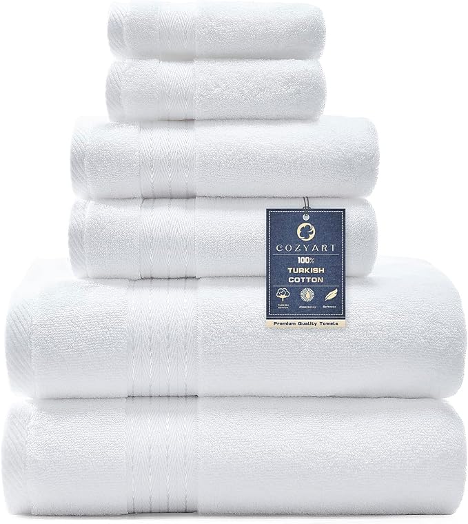 COZYART Luxury Bath Towel Set 6 Pcs White 100% Turkish Cotton 650 GSM | OEKO-Tex 100 Certified Zero Twist Ring Spun, Soft Absorbent Quick Dry, Plush Fluffy, Breathable Hotel Quality for Daily Use