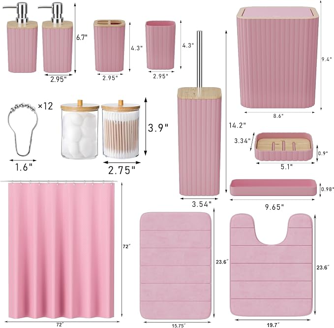 XLHOMO Bathroom Accessories Set - 25PC Pink Bathroom Set, Bathroom Set with Shower Curtain and Rugs, Pink Shower Curtain Set, Toilet Brush, Bathroom Trash Can