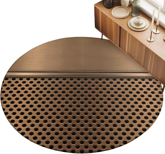 Round Area Rug 3', Brown Metal Hole Washable Small Area Rugs for Kitchen Bathroom Bedroom Office Laundry, Modern Copper Net Eye Hole Pattern Non Slip Door Mat Indoor Entrance Floor Throw Circle Carpet