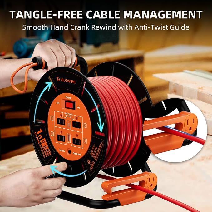 Extension Cord Storage Reel with 4-Grounded Outlets & 2 USB Ports, Heavy Duty Open Cord Reel for 12/3,14/3,16/3 Gauge Power Cord, Hand Wind Retractable, 15A Circuit Breaker, ETL Listed, Orange
